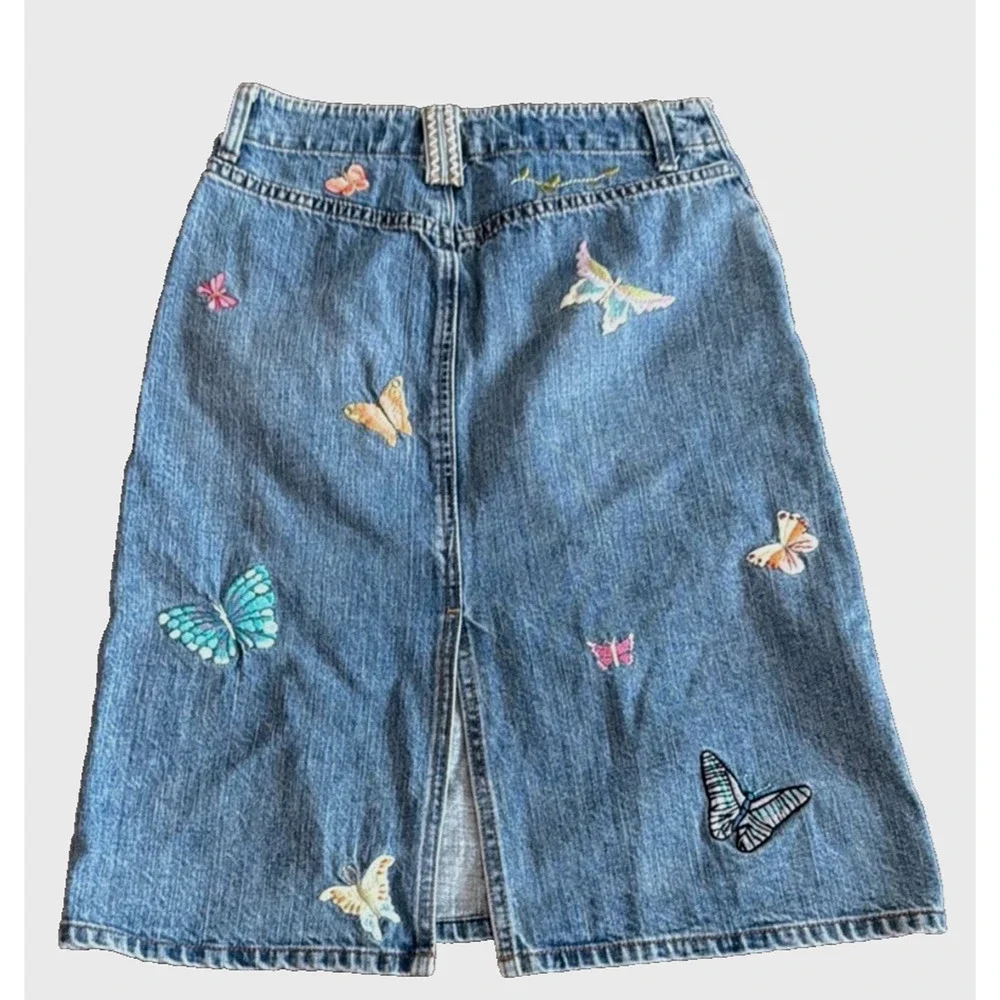 Y2k Gap Jean Skirt 6 Midi Embroidered Butterflies Patches Boho Festival Whimsy - Picture 7 of 16